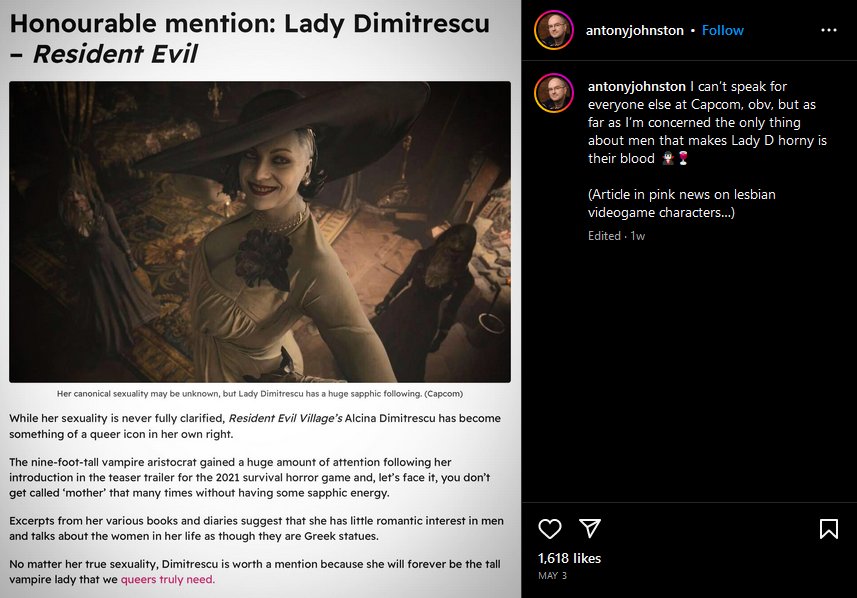 'Resident Evil Village' writer Antony Johnston reveals Lady Dimitrescu is a lesbian