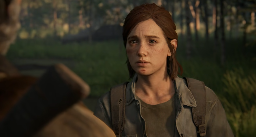 Ellie (Ashley Johnson) looks on sadly at Joel Miller (Troy Baker) in The Last of Us Part II (2020), Sony Interactive Entertainment
