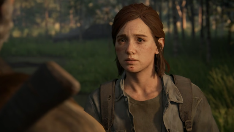 Ellie (Ashley Johnson) looks on sadly at Joel Miller (Troy Baker) in The Last of Us Part II (2020), Sony Interactive Entertainment