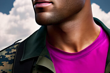 A Gab AI-generated image of a U.S. marine wearing a pink t-shirt underneath multicam jacket.