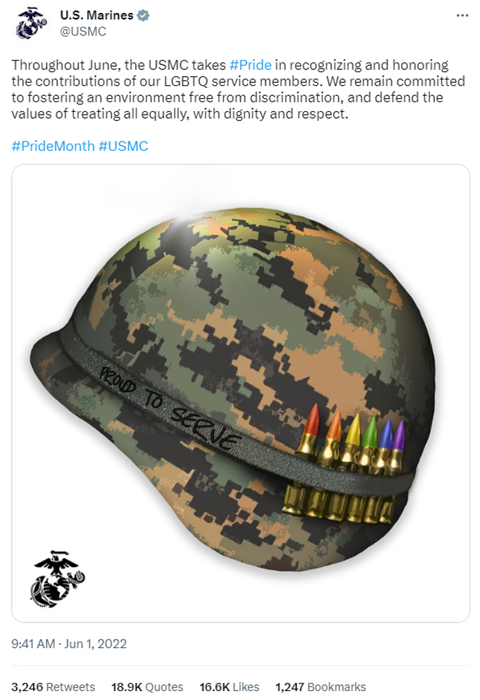 A 2022 U.S. Marine Corps tweet supporting "Pride Month."