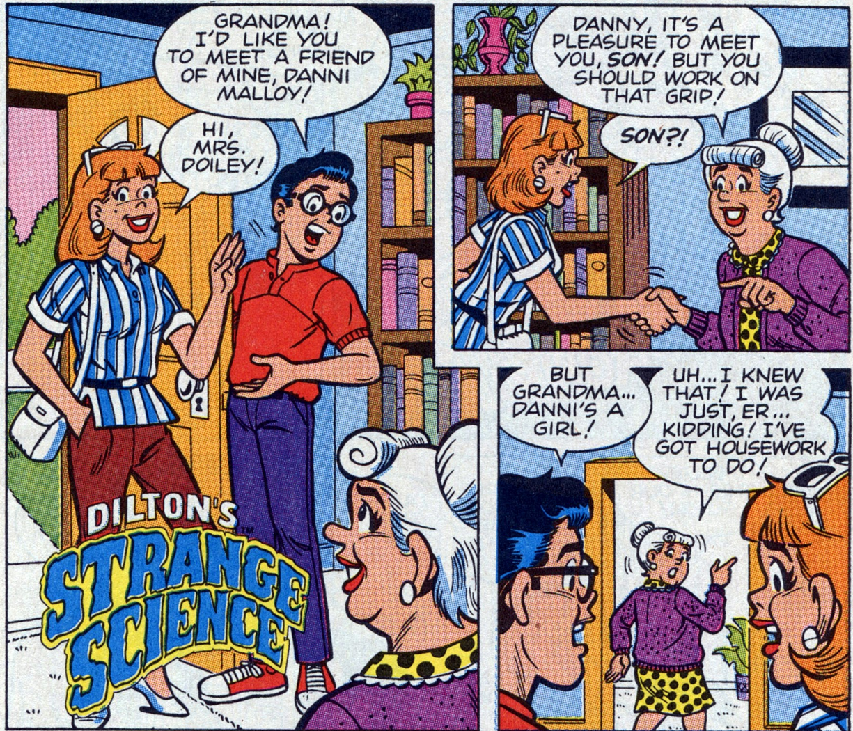 Dilton Doiley introduces Danni Malloy to his grandmother in Dilton's Weird Science Vol. 1 #2 "It's About Time" (1989), Archie Comics. Words by Bill Golliher, art by Jon D'Agnosto, Bill Yoshida, and Barry Grossman.