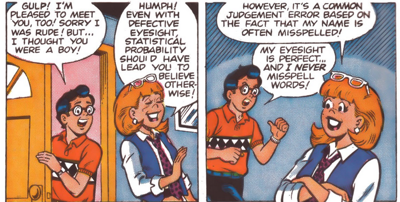 Dilton Doiley makes the acquaintance of Danni Malloy in Dilton's Weird Science Vol. 1 #1 "Working Out The Bugs" (1989), Archie Comics. Words by Mike Pellowski, art by Bill Golliher, Jon D'Agnosto, Mindy Eisman, and Barry Grossman.