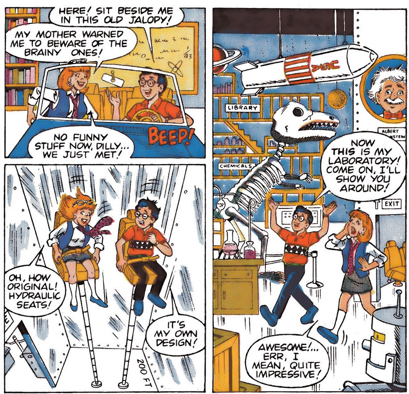 Dilton Doiley shows off his inventions to Danni Malloy in Dilton's Weird Science Vol. 1 #1 "Working Out The Bugs" (1989), Archie Comics. Words by Mike Pellowski, art by Bill Golliher, Jon D'Agnosto, Mindy Eisman, and Barry Grossman.