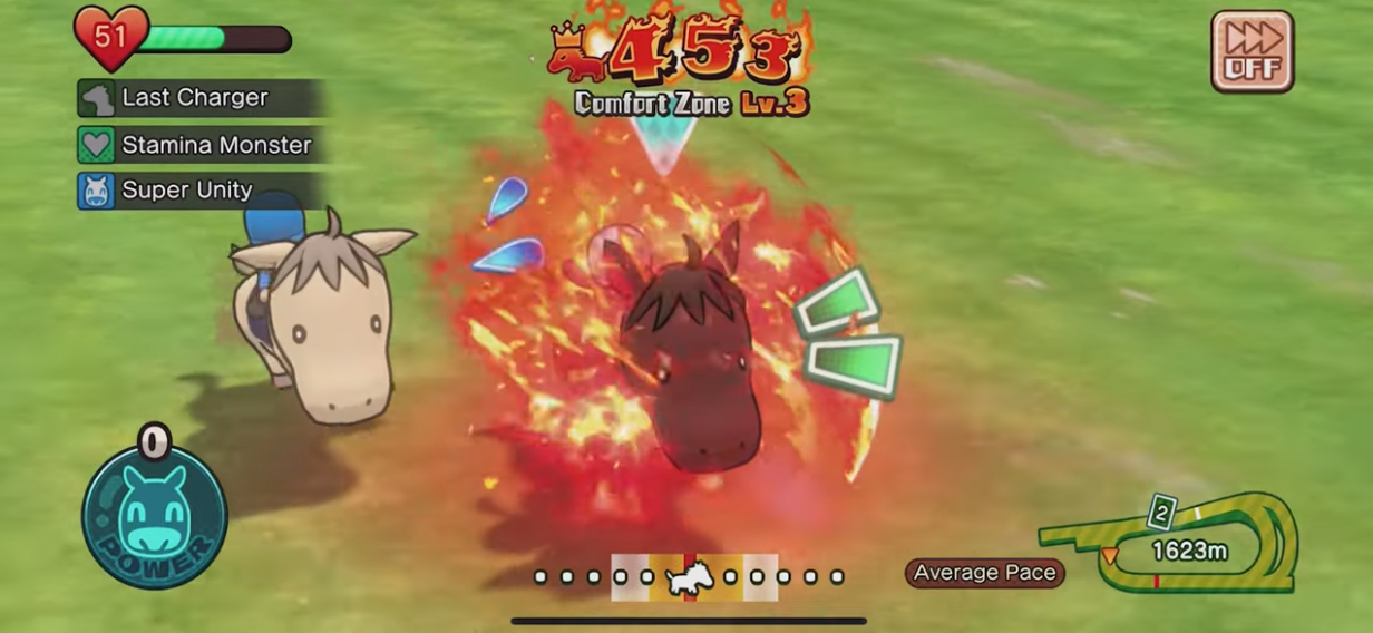 The player's horse surges ahead with a fiery burst of speed in Pocket Card Jockey: Ride On! (2023), Nintendo