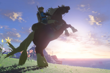 Link's horse rears against the sunset in The Legend of Zelda: Tears of the Kingdom (2023), Nintendo