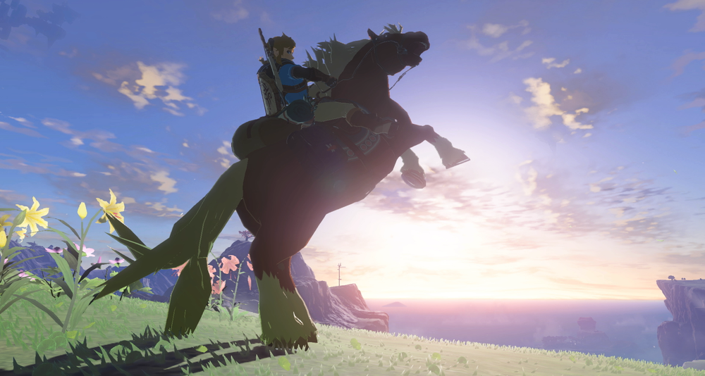 Link's horse rears against the sunset in The Legend of Zelda: Tears of the Kingdom (2023), Nintendo