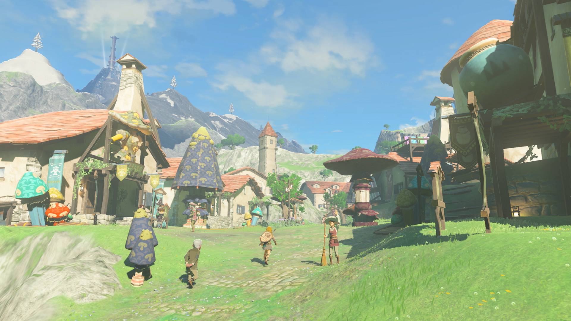 Link enters a small Hylian village in The Legend of Zelda: Tears of the Kingdom (2023), Nintendo