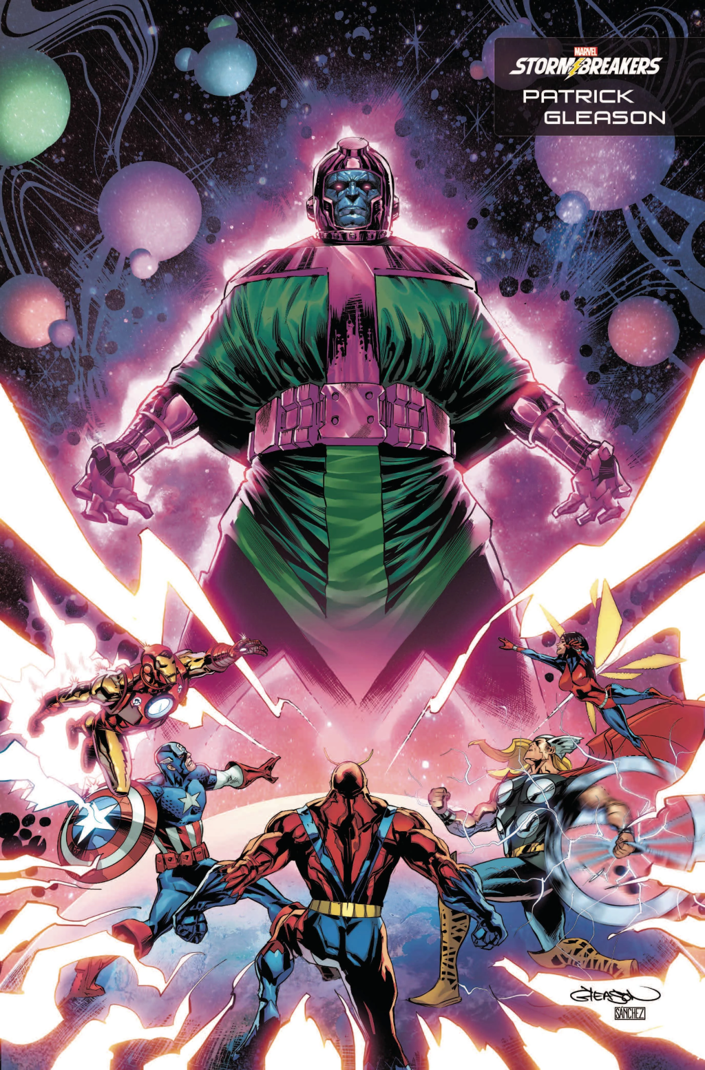 Kang the Conqeuror takes on (almost) all of the original Avengers on Patrick Gleason's Stormbreakers variant cover to Kang the Conqueror Vol. 1 #1 (2021), Marvel Comics