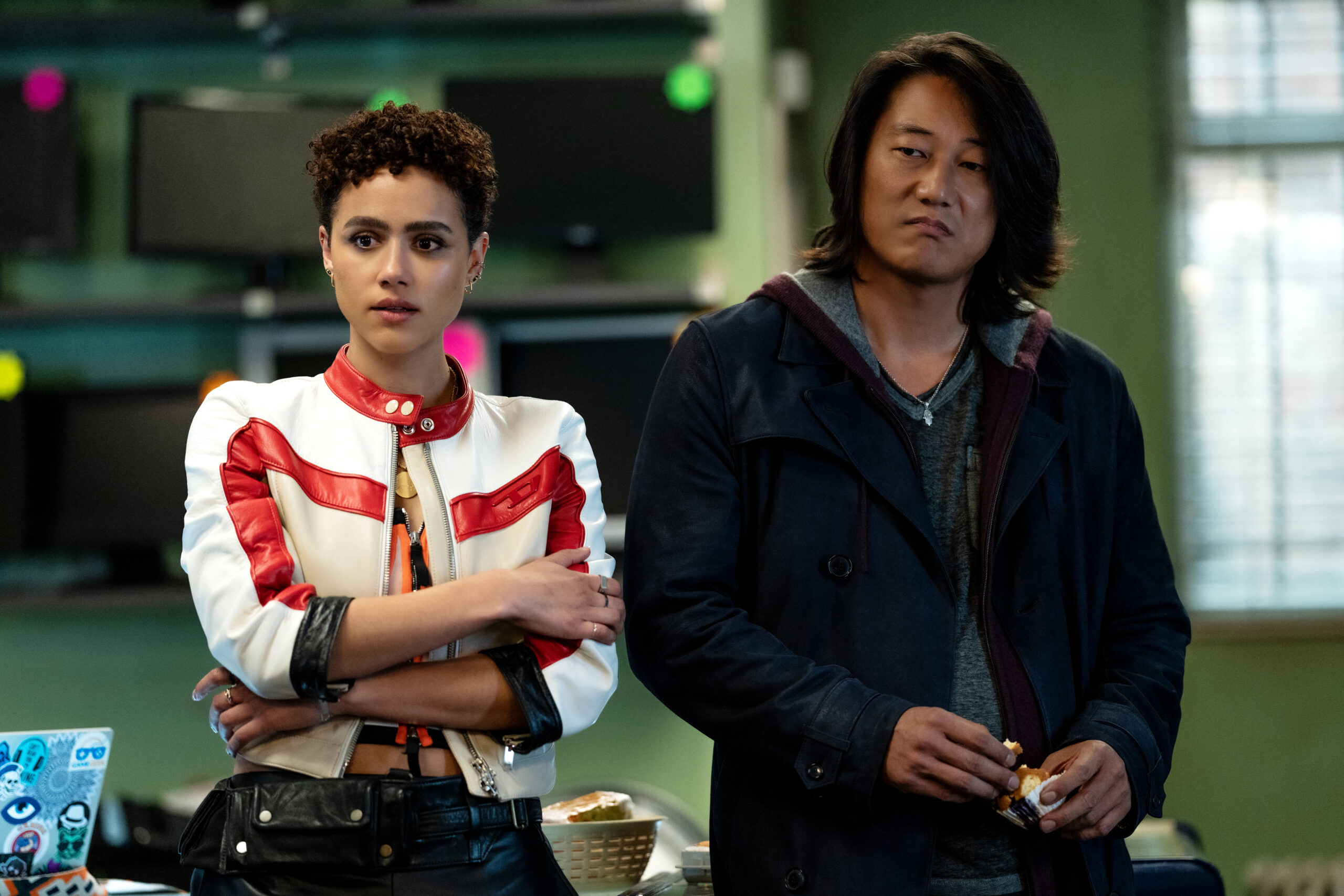 (from left) Ramsey (Nathalie Emmanuel) and Han (Sung Kang) in Fast X, directed by Louis Leterrier.
