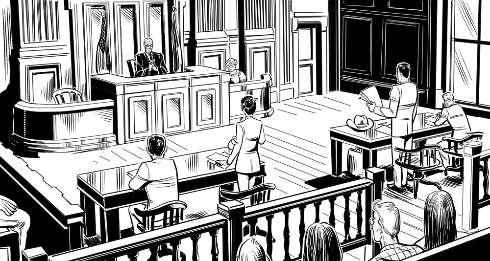 An illustration of a show trial from the novel 'The Wise of Heart.'