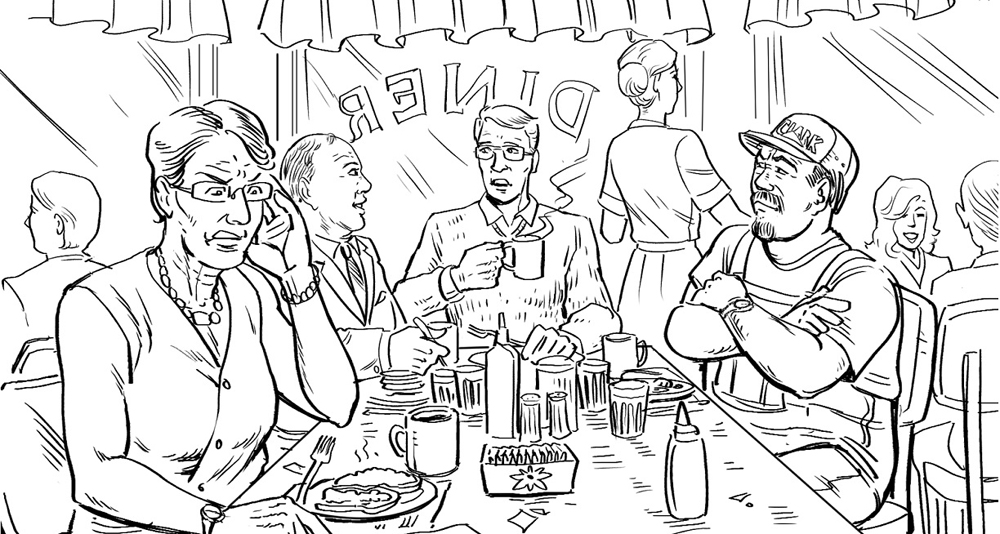 An illustration of people in a diner from the novel 'The Wise of Heart.'