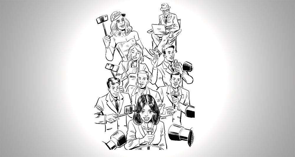 An illustration of a media scrum from the novel 'The Wise of Heart.'