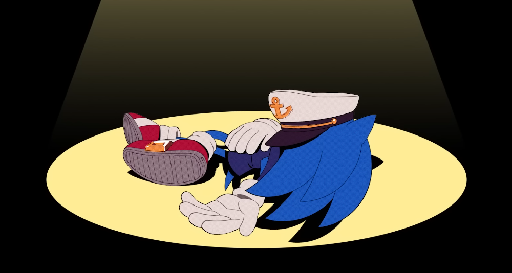 Sonic, dressed in a captain's uniform, slumped on the ground under a spotlight in The Murder of Sonic the Hedgehog (2023), Sega