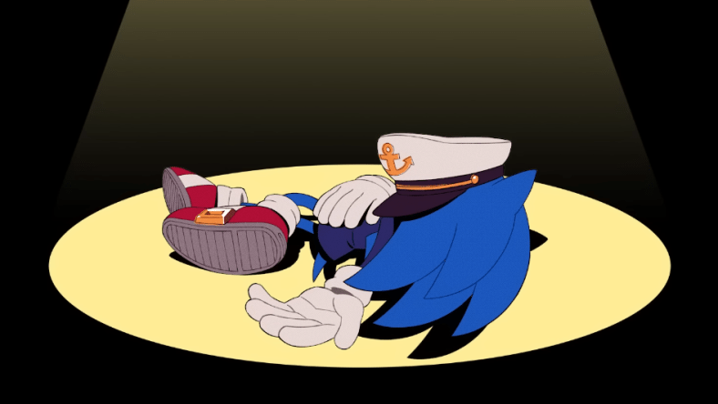 Sonic, dressed in a captain's uniform, slumped on the ground under a spotlight in The Murder of Sonic the Hedgehog (2023), Sega