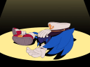 Sonic, dressed in a captain's uniform, slumped on the ground under a spotlight in The Murder of Sonic the Hedgehog (2023), Sega