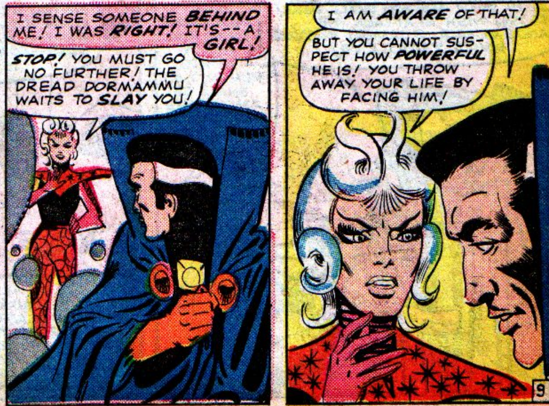 Clea makes her comic book debut by trying to warn Doctor Strange about her father in Strange Tales Vol. 1 "The Domain of the Dread Dormammu!" (1964), Marvel Comics. Words by Stan Lee, art by Steve Ditko and Artie Simek.