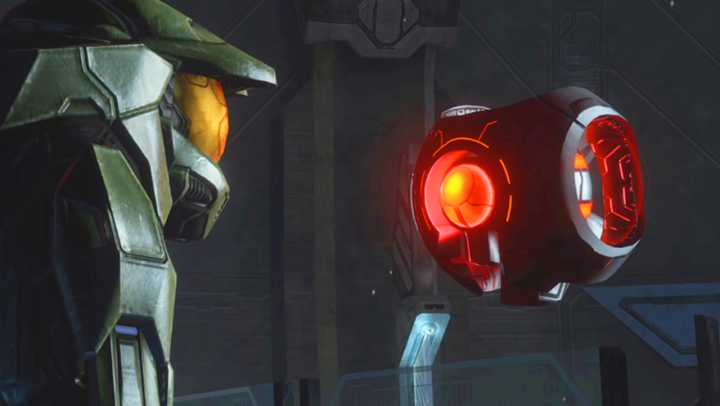 343 Guilty Spark (Tim Dadabo) refuses to let Master Chief (Steve Downes) prevent the Halo installations from firing in Halo 3 (2007), Bungie