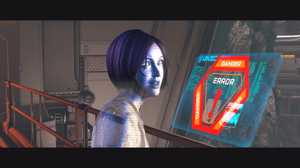 Cortana (Jen Taylor) se depara com um firewall em Halo 4 (2012), Microsoft Studios