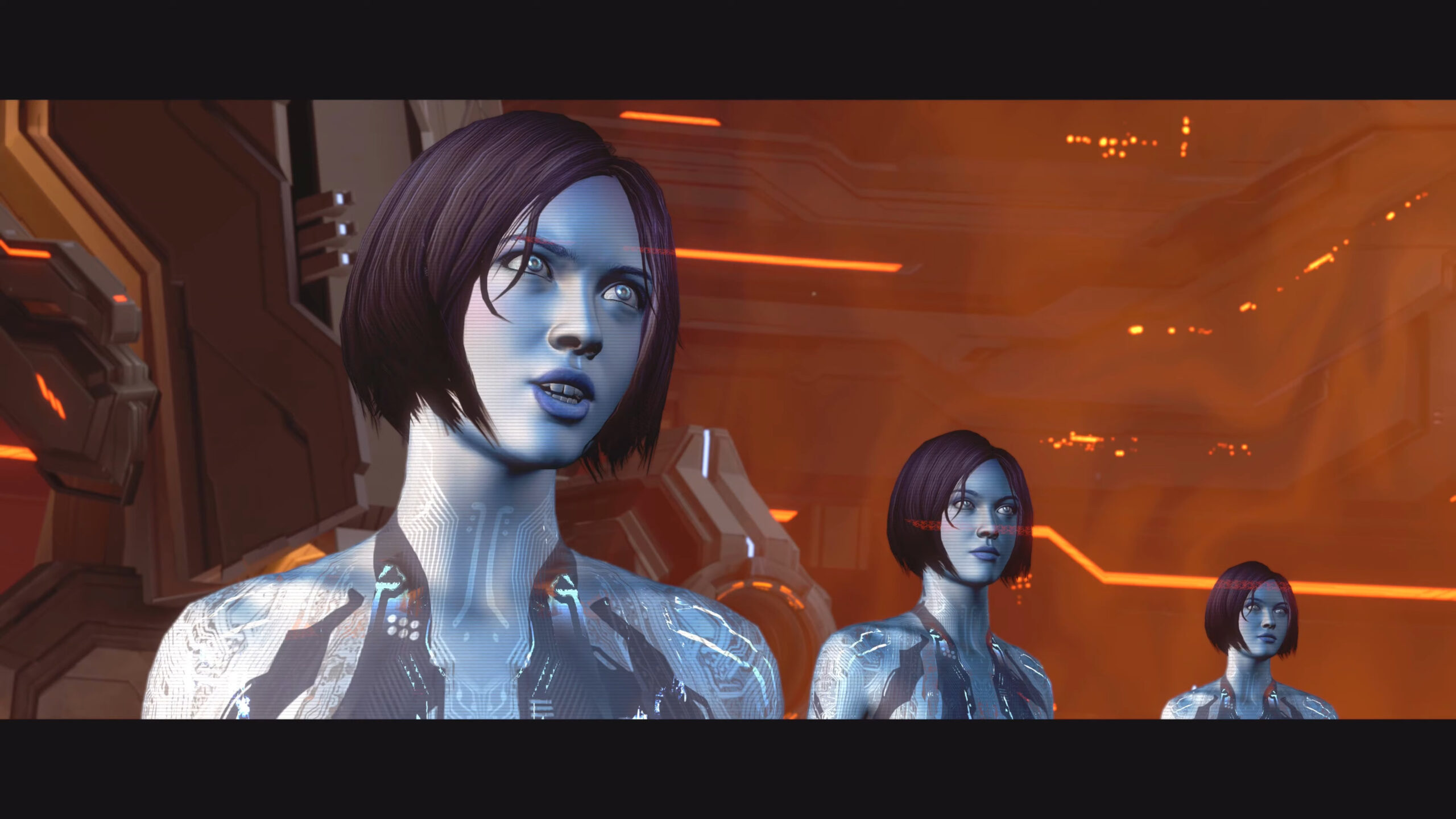 Cortana (Jen Taylor) duplicates herself in order to stop the Ur-Didact (Keith Szarabajka) from killing Master Chief (Steve Downes) in Halo 4 (2012), Microsoft Studios