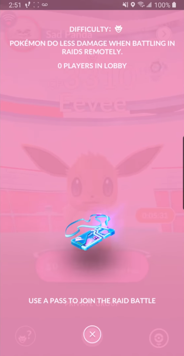 A player uses a Remote Raid Pass to battle against an Eevee in Pokémon Go (2016), Niantic