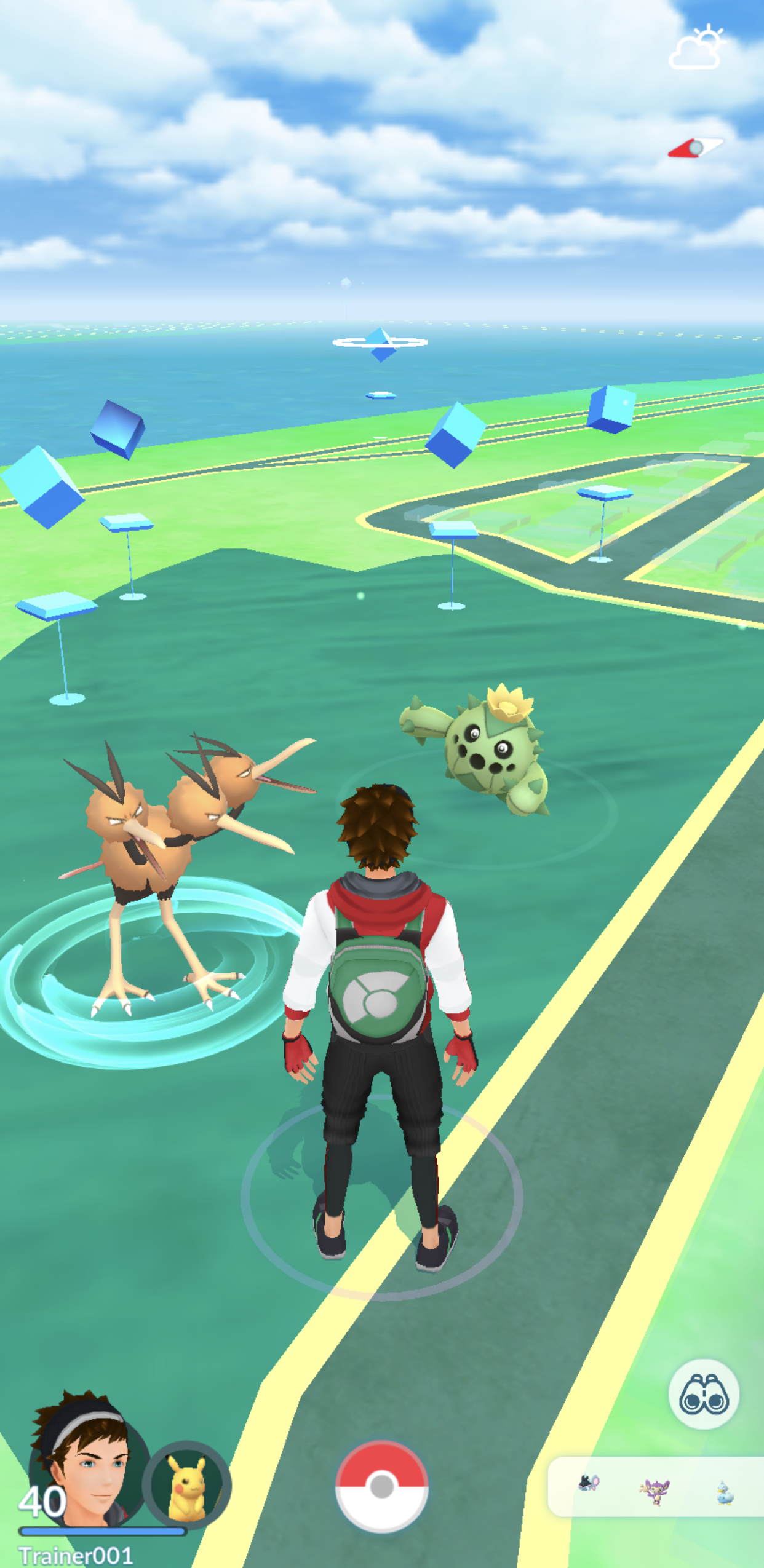 A player approaches a wild Dodrio and Cacnea in Pokémon Go (2016), Niantic
