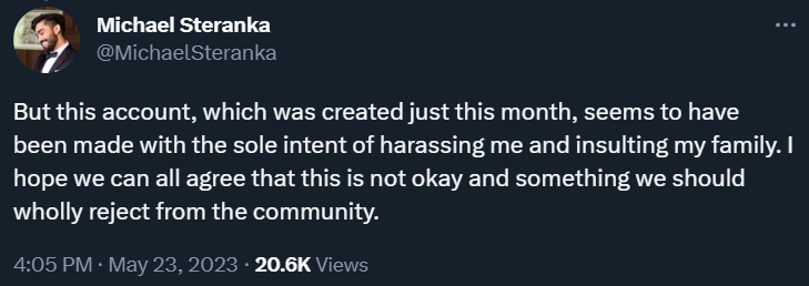 Michael Steranka implores the game's community to denounce the abuse via Twitter
