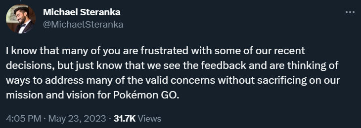 Michael Steranka attempts to placate Pokémon Go fans via Twitter
