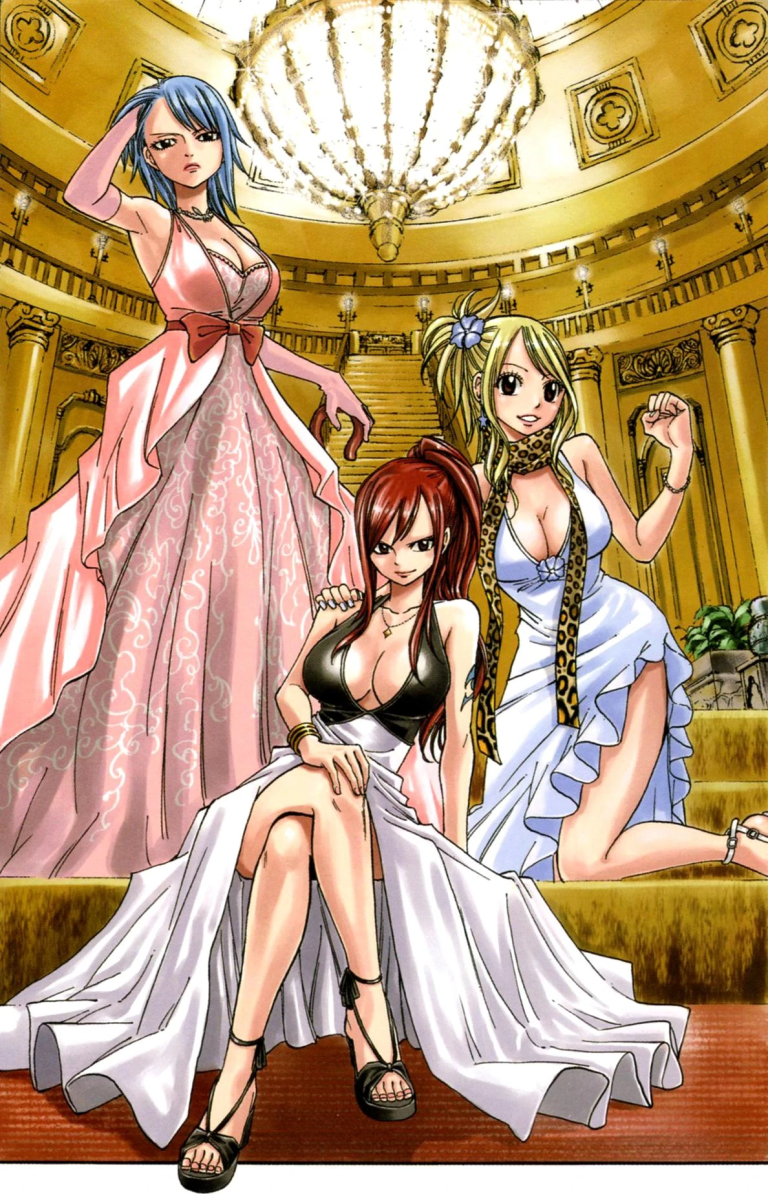 Lucy Heartfilia, Ezra Scarlet, and Juvia Lockser strike a pose on Hiro Mashjima's cover to Fairy Tale Chapter 129 "But Even So, I'll..." (20098), Kodansha