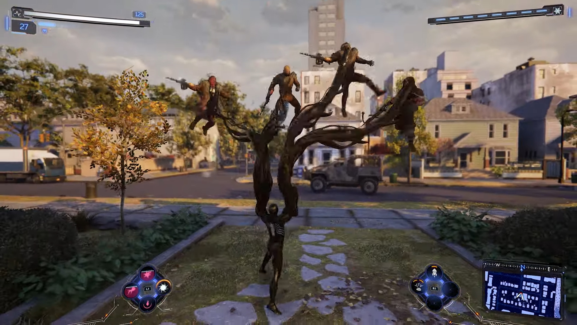 Spider-Man (Yuri Lowenthal) takes out a number of Kraven's thugs in Marvel's Spider-Man 2 (2023), Sony / Insomniac Games