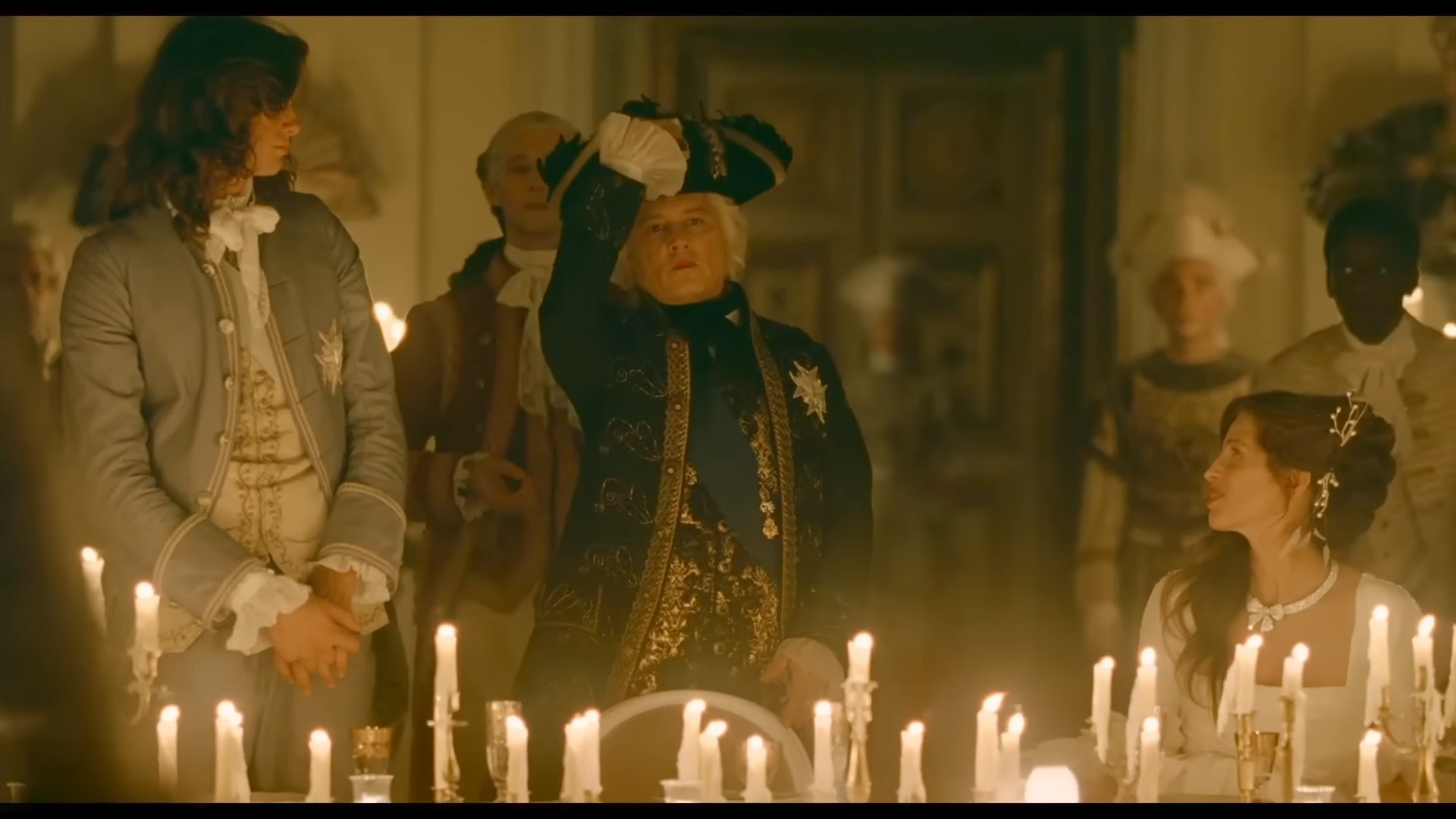 Louis XV (Johnny Depp) arrives to dinner in Jeanne du Barry (2023), La Pacte