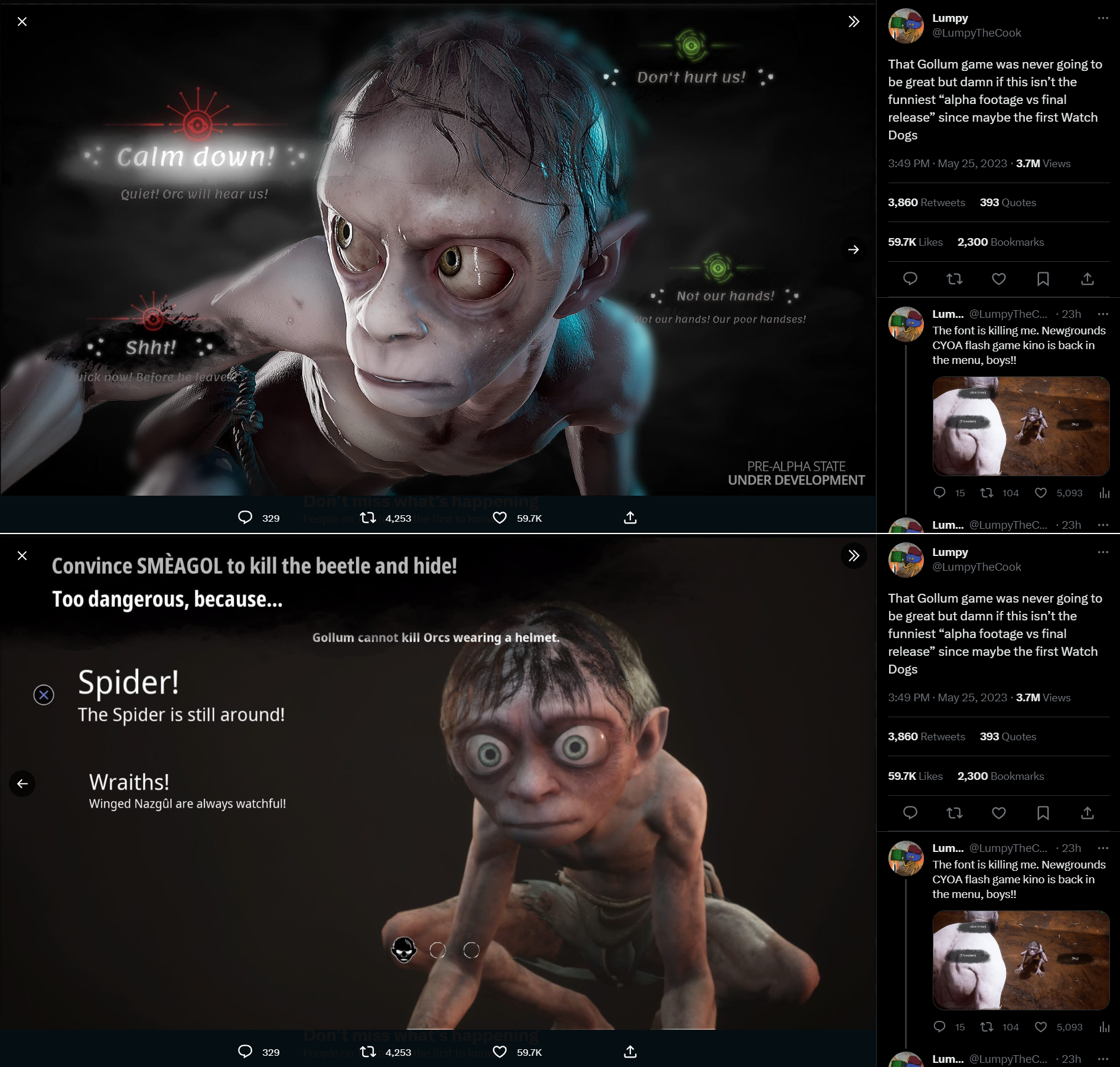 LumpyTheCook highlights the differences in pre-alpha and launch screenshots of The Lord of the Rings: Gollum via Twitter