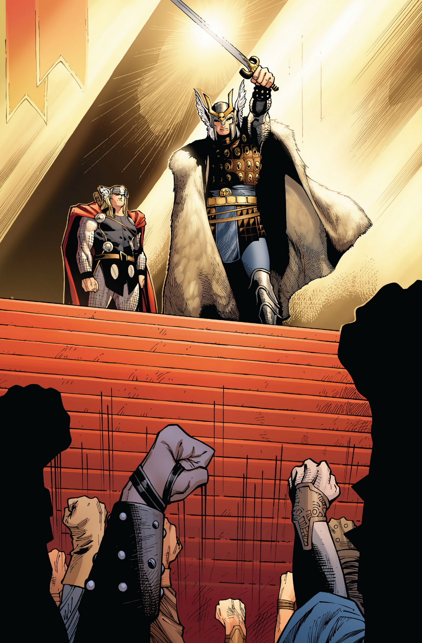 Balder the Brave takes the throne of Asgard in Thor Vol. 3 #10 (2008), Marvel Comics. Art by Olivier Copiel.