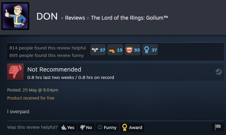 DON gives a succinct review of The Lord of the Rings: Gollum via Steam