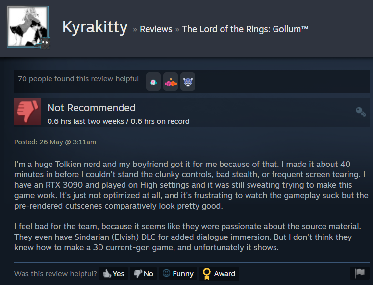 Kyrakitty expresses their disappointment in The Lord of the Rings: Gollum via Steam