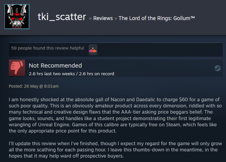 tki_scatter expresses their disgust with The Lord of the Rings: Gollum via Steam