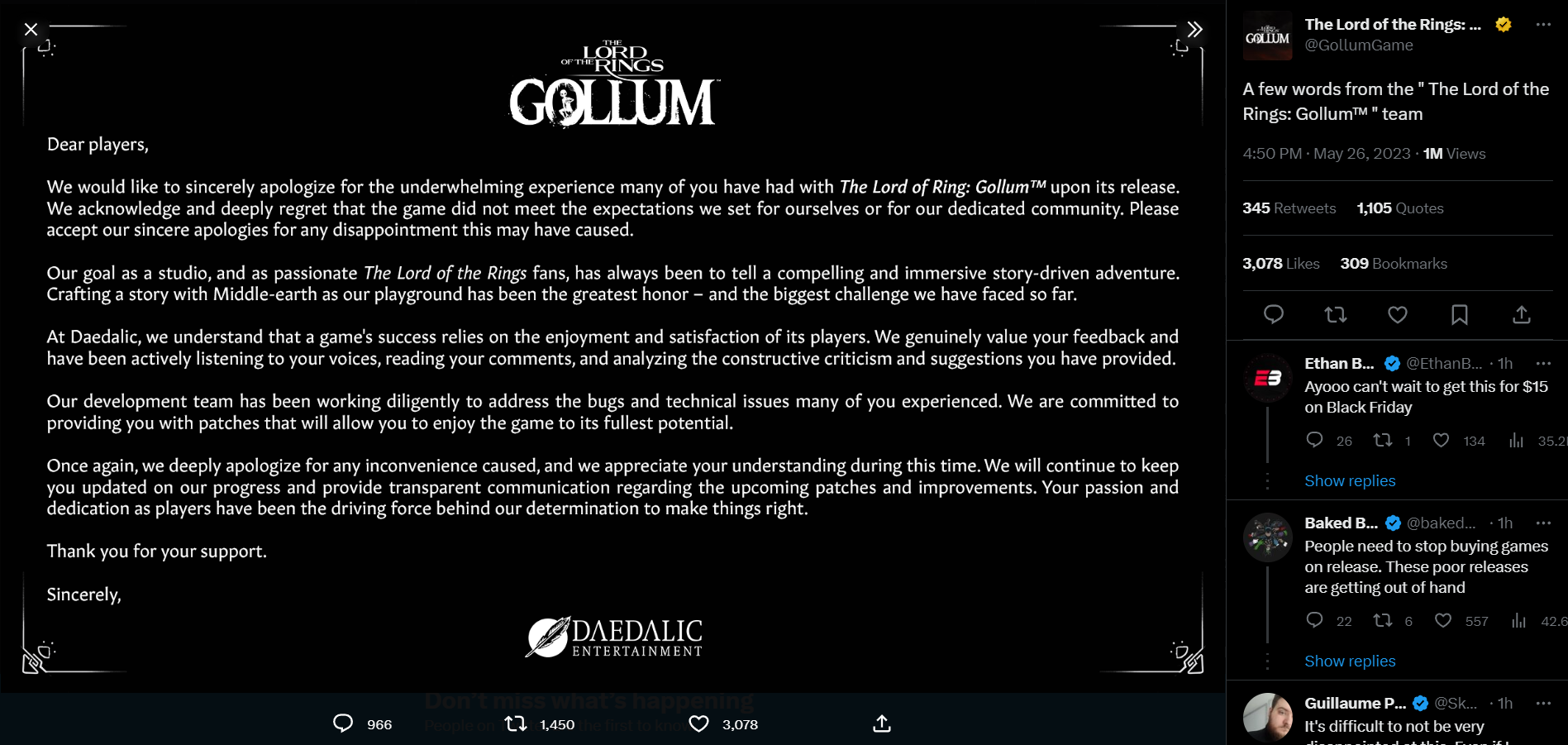 Daedalic Entertainment apologizes for The Lord of the Rings: Gollum via Twitter