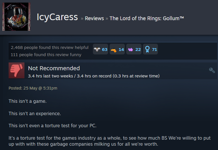 IcyCaress offers their review for The Lord of the Rings: Gollum via Steam