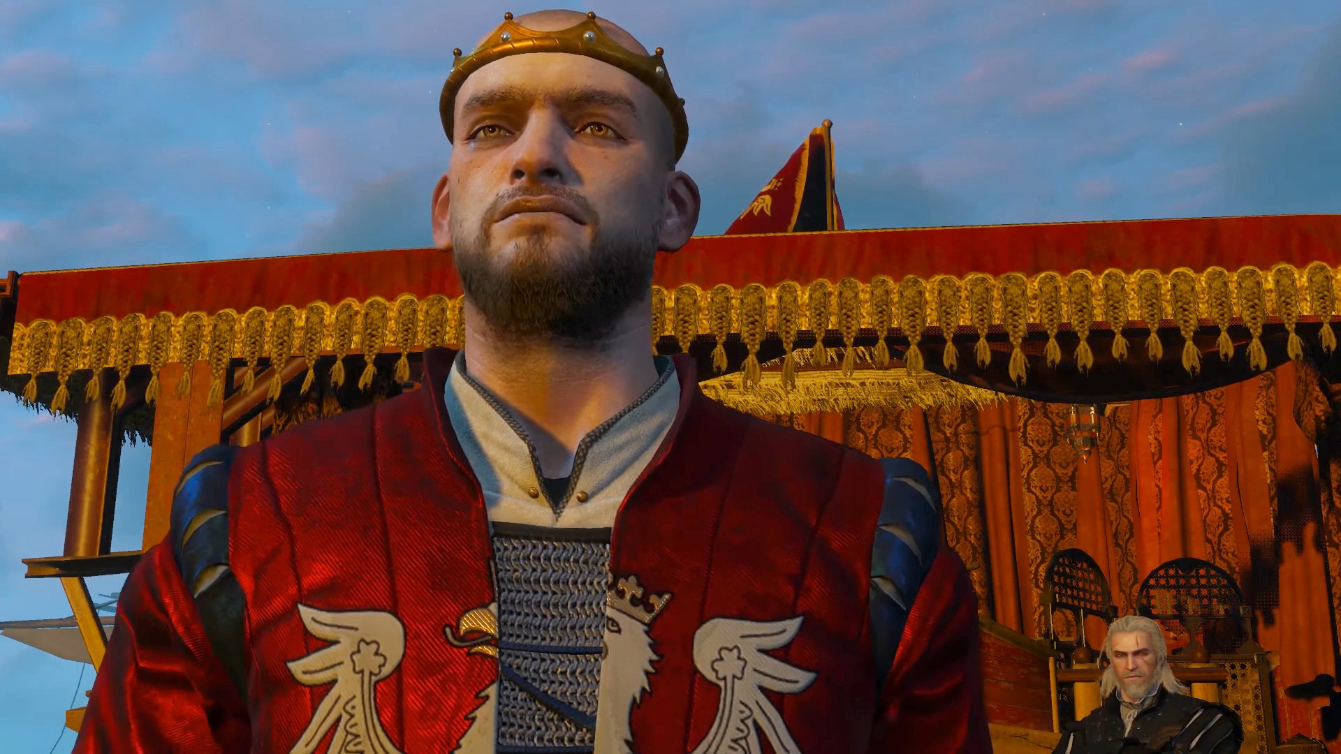 King Radovid V (Nico Lennon) has a request for Geralt (Doug Cockle) in The Witcher 3: The Wild Hunt (2015), CD PROJECKT RED