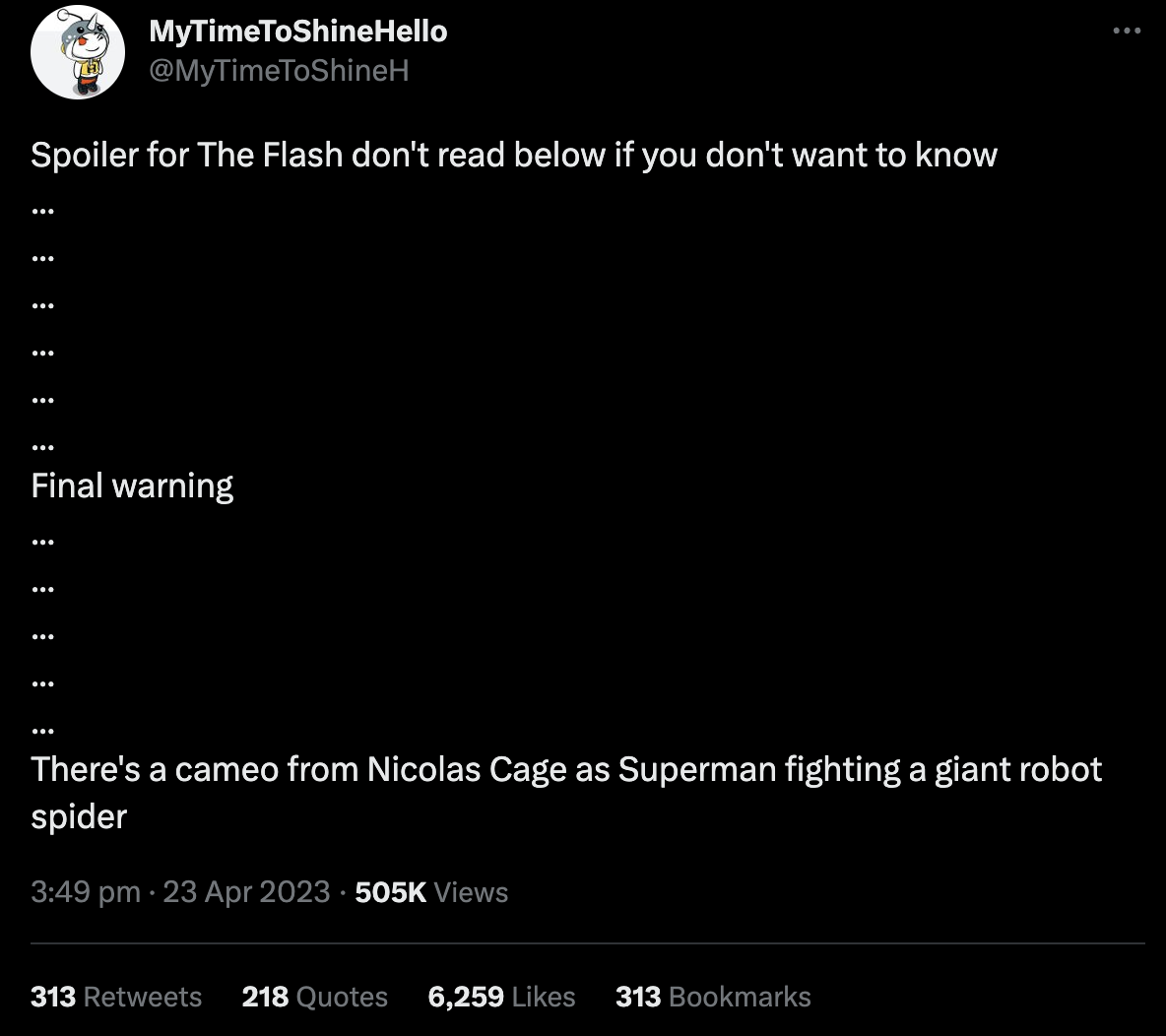 Scooper MyTimeToShine claims Nicolas Cage cameo in The Flash sees him fighting a giant spider