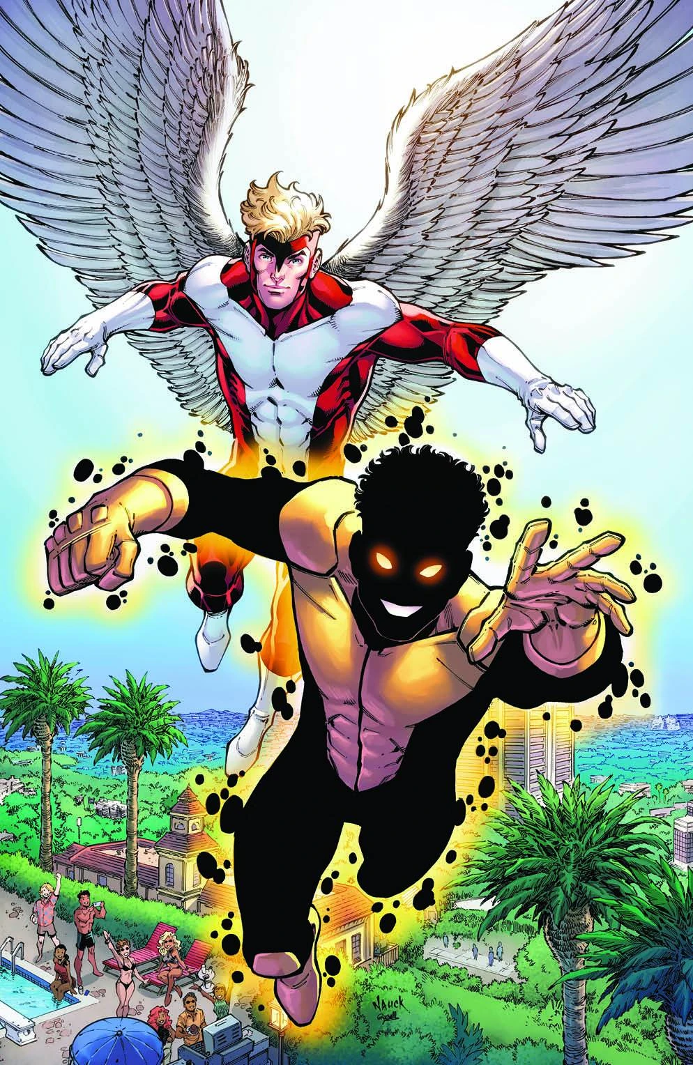 Angel and Sunspot take to the sky on Todd Nacuk's Sunset Comix variant cover to X-Corp Vol. 1 #1 "Simply Superior" (2021), Marvel Comics