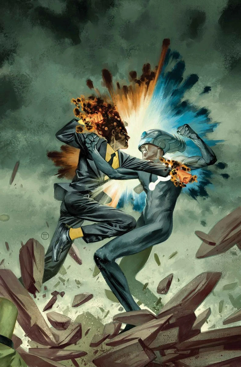 Sunspot takes on The Maker on Julian Totino Tedesco's cover to New Avengers Vol. 4 #16 "A.I.M. vs. S.H.I.E.L.D., Part V: Dream Bigger, Darling" (2016), Marvel Comics
