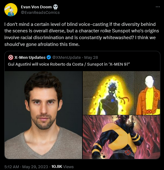 @EvanReadsComics criticizes Gui Augstini's casting as Sunspot in Marvel's 'X-Men '97'