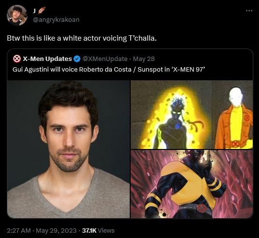 @angrykrakoan criticizes Gui Augstini's casting as Sunspot in Marvel's 'X-Men '97'