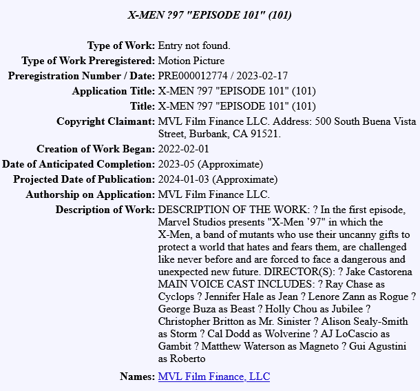 U.S. Copyright Office filing for the first episode of Marvel's 'X-Men '97'
