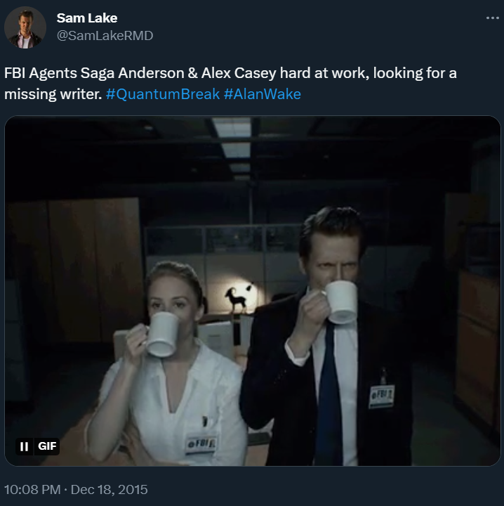 Sam Lake shows Saga Anderson (Malla Malmivaara) and Alex Casey (himself) drinking coffee via Twitter