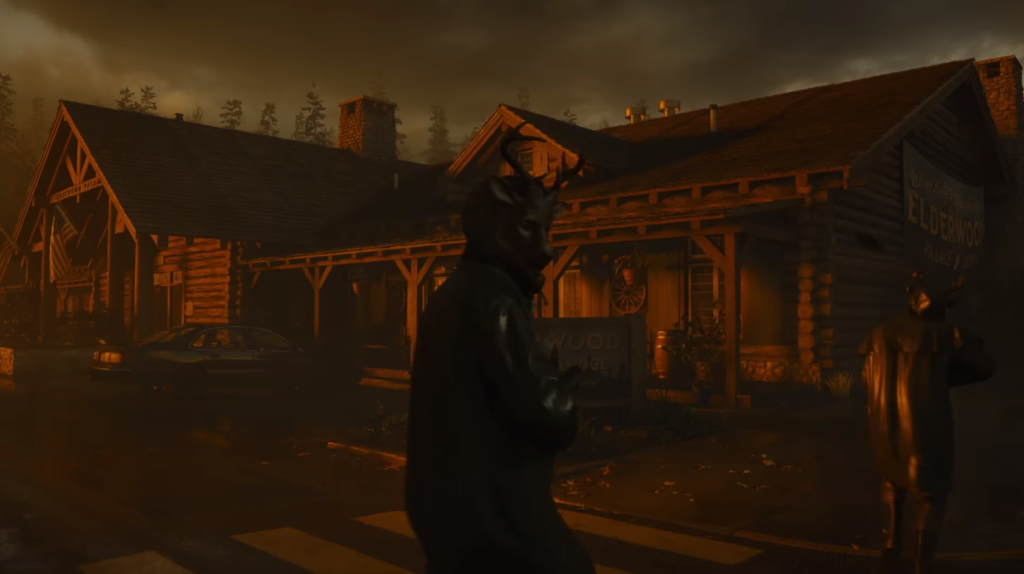 Strange figures approach a lodge in Alan Wake II (2023), Epic Games