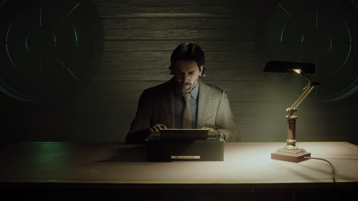 Alan Wake (Ilkka Villi, Matthew Porretta) writing at a desk in Alan Wake II (2023), Epic Games