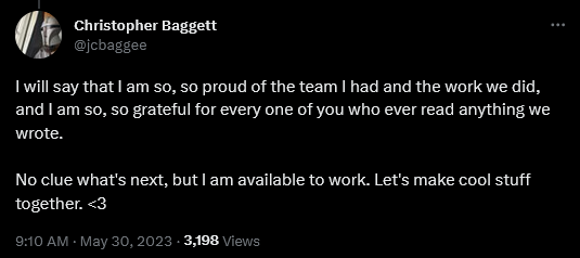 Christopher Baggett announces his lay off from CBR