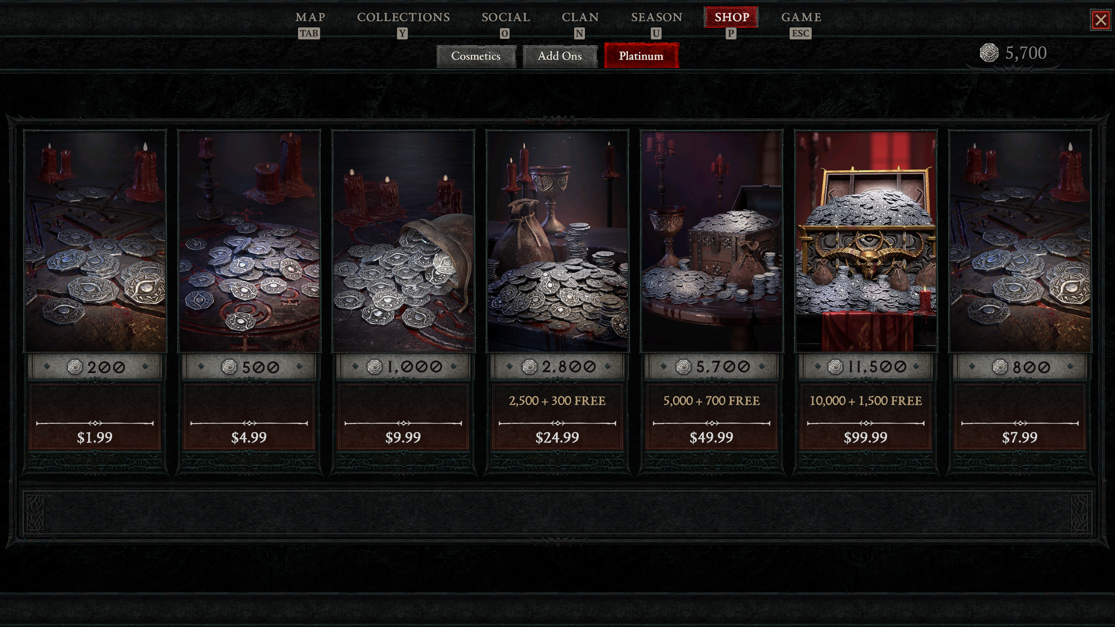Platinum currency available at various increments in Diablo IV (2023), Blizzard Entertainment